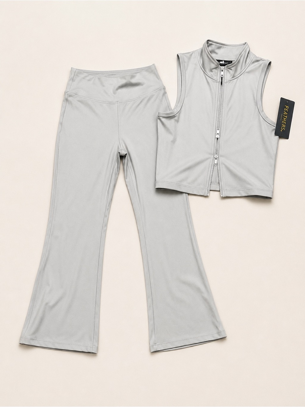 Sleeveless Zip Crop Top, Flared Pants Set - Light Gray Size S